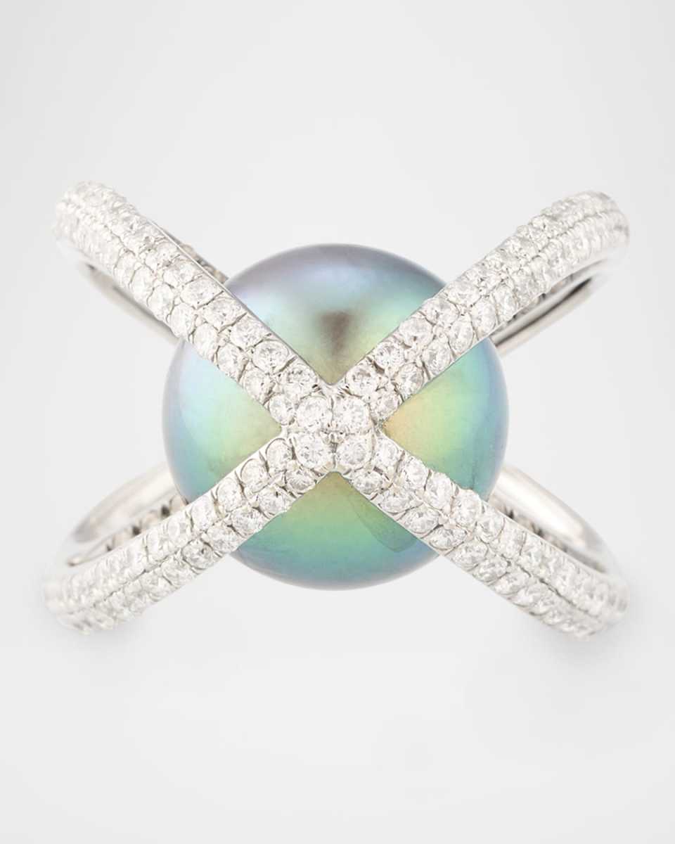 18K White Gold Tahitian Pearl and Diamond Ring, Size 7
